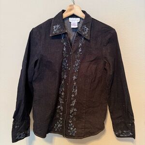 Susan Graver Shirt Jacket Women Size Small Black Denim Beaded Button Cuffs